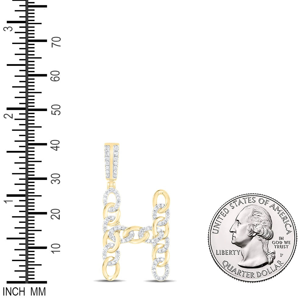 0.53 Ctw Natural Diamond Curb Link Initial Letter Alphabet H Pendant in 10k Yellow Gold