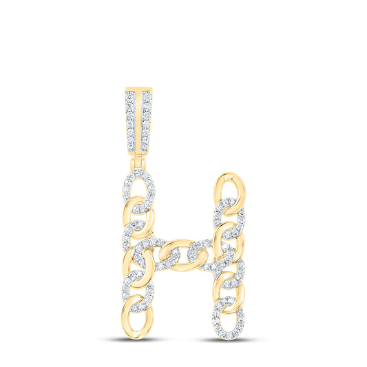 0.53 Ctw Natural Diamond Curb Link Initial Letter Alphabet H Pendant in 10k Yellow Gold