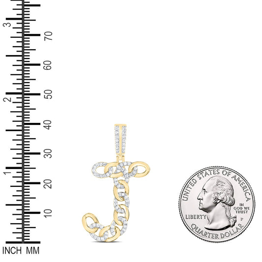 0.49 Ctw Natural Diamond Curb Link Initial Letter Alphabet J Pendant in 10k Yellow Gold