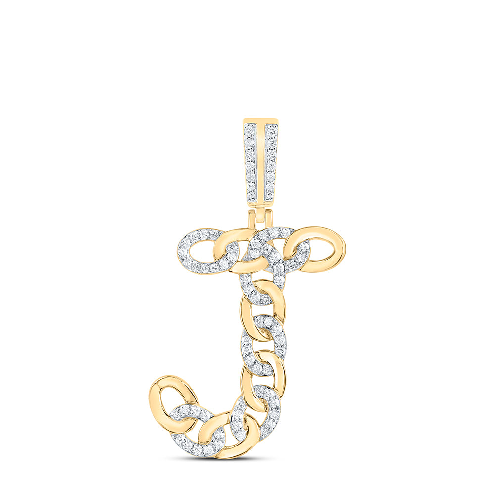 0.49 Ctw Natural Diamond Curb Link Initial Letter Alphabet J Pendant in 10k Yellow Gold