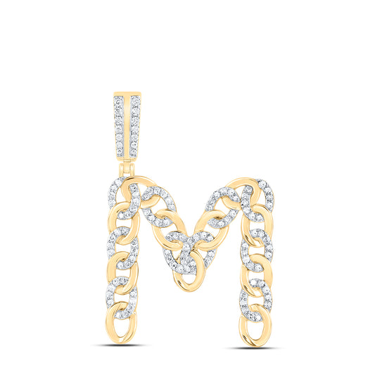 0.63 Ctw Natural Diamond Curb Link Initial Letter Alphabet M Pendant in 10k Yellow Gold