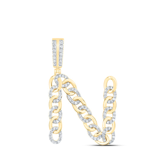 0.63 Ctw Natural Diamond Curb Link Initial Letter Alphabet N Pendant in 10k Yellow Gold