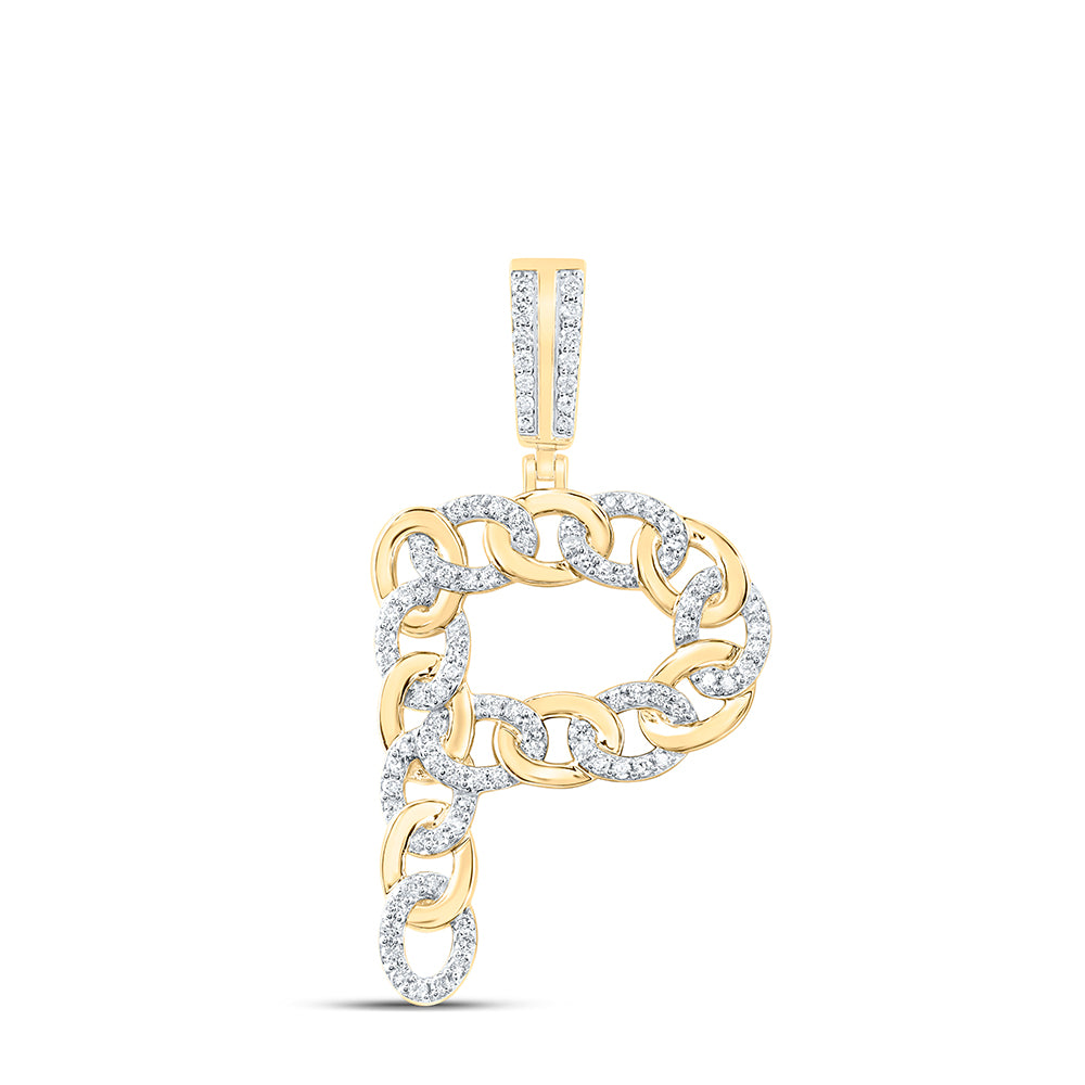 0.57 Ctw Natural Diamond Curb Link Initial Letter Alphabet P Pendant in 10k Yellow Gold
