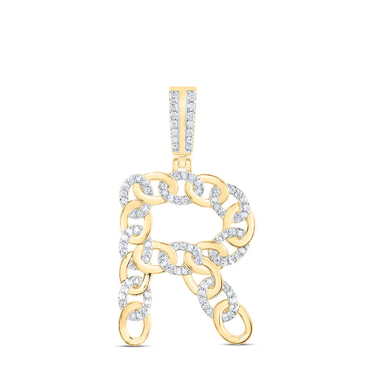 0.49 Ctw Natural Diamond Curb Link Intial Letter Alphabet R Pendant in 10k Yellow Gold