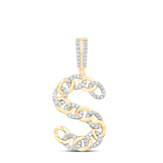 0.55 Ctw Natural Diamond Curb Link Initial Letter Alphabet S Pendant in 10k Yellow Gold