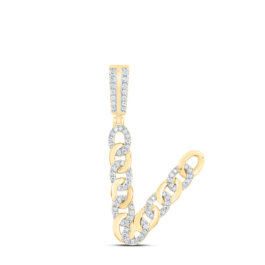 0.54 Ctw Natural Diamond Curb Link Initial Letter Alphabet V Pendant in 10k Yellow Gold