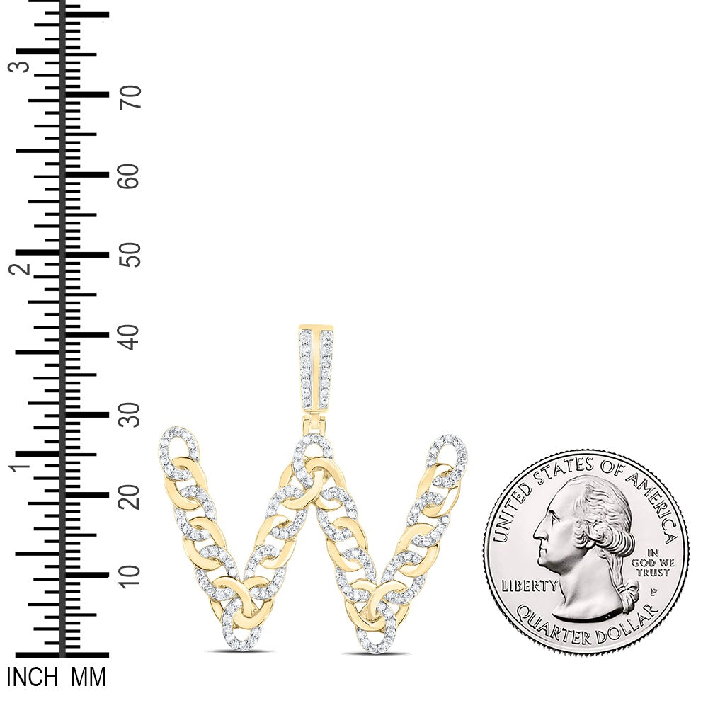 0.81 Ctw Natural Diamond Curb Link Initial Letter Alphabet W Pendant in 10k Yellow Gold