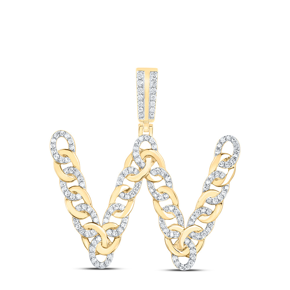 0.81 Ctw Natural Diamond Curb Link Initial Letter Alphabet W Pendant in 10k Yellow Gold