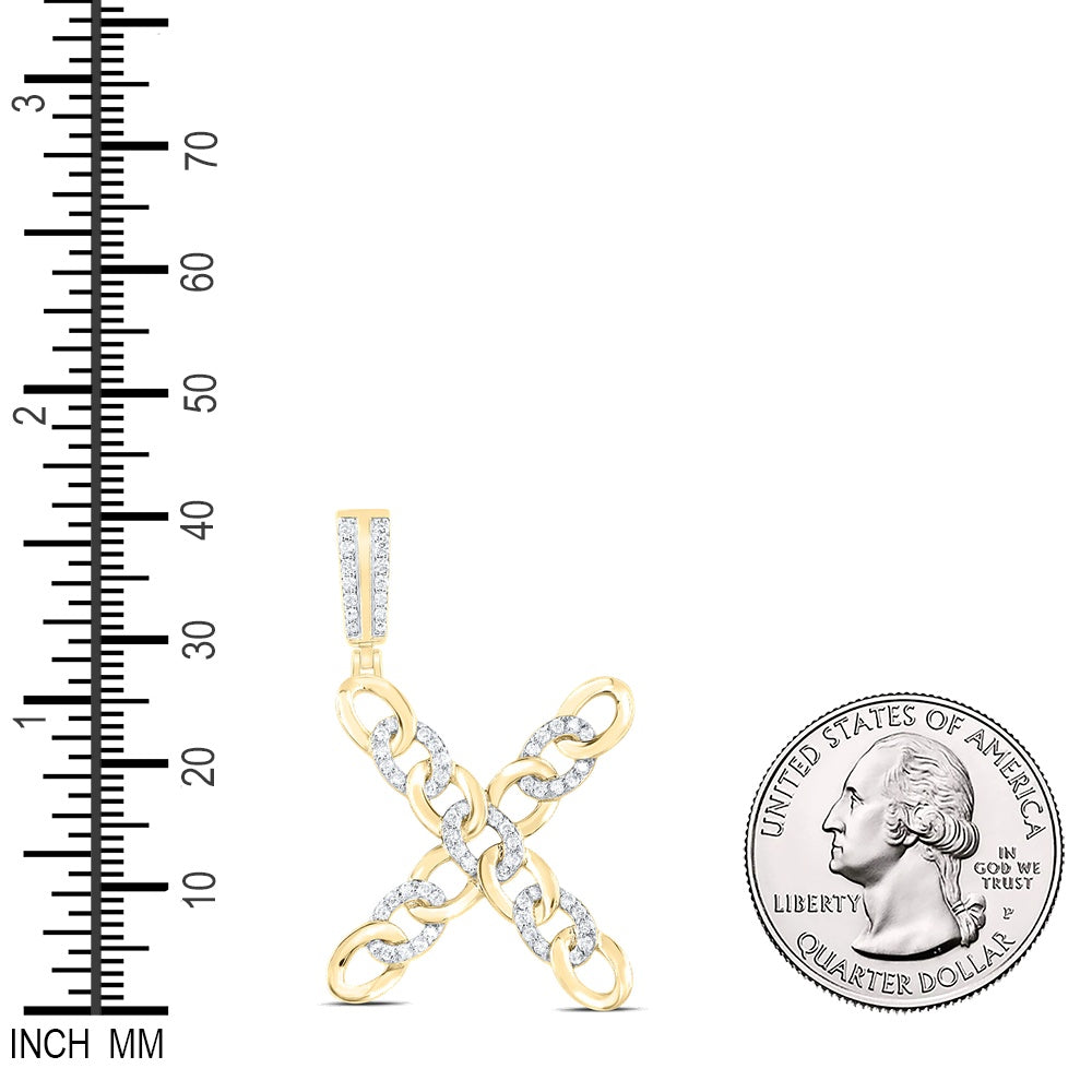 0.5 Ctw Natural Diamond Curb Link Initial Letter Alphabet X Pendant in 10k Yellow Gold