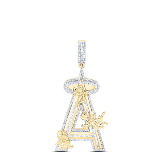 1.2 Ctw Natural Diamond Block Angel Initial Letter Alphabet A Pendant in 10k Yellow Gold