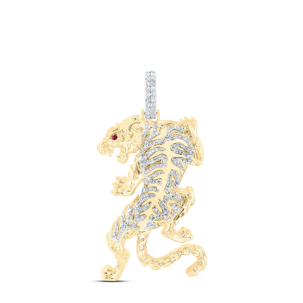 1.07 Ctw Natural Diamond Red Eye Tiger Animal Pendant in 10k Yellow Gold