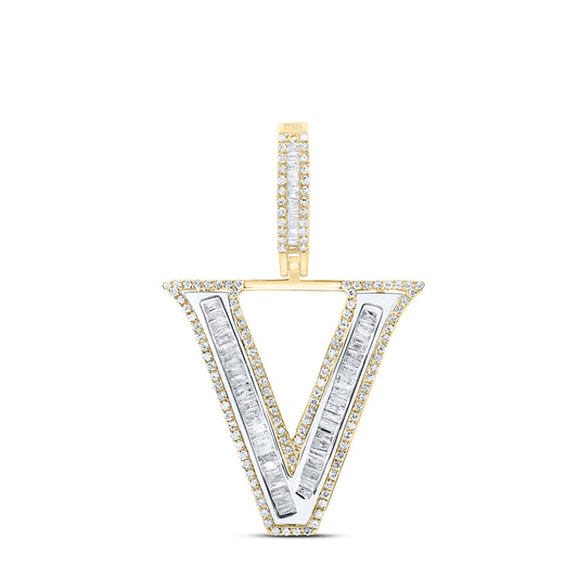 0.81 Ctw Natural Diamond Block Initial Letter Alphabet V Pendant in 10k Yellow Gold