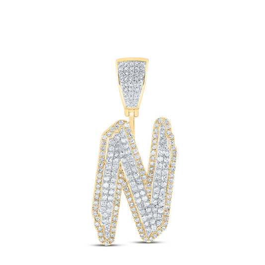 1.07 Ctw Natural Diamond Hiphop Initial Letter Alphabet N Pendant in 10K Yellow White
