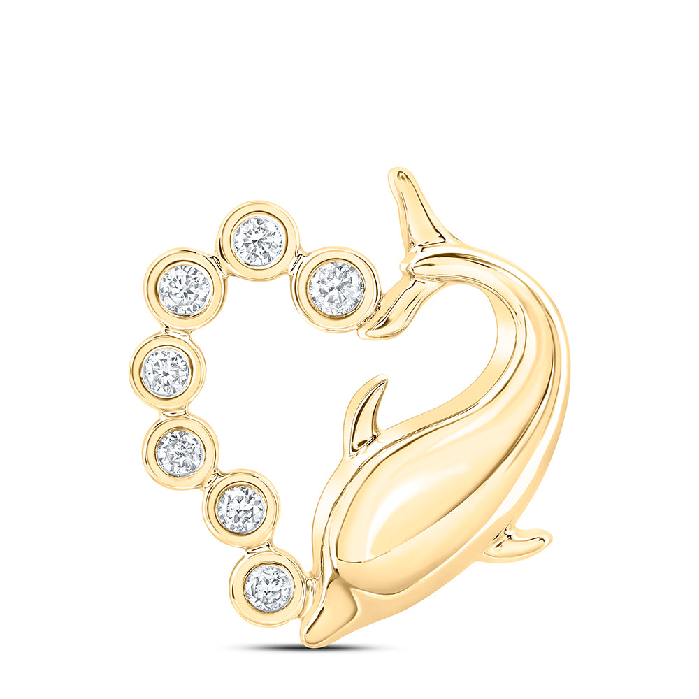0.1 Ctw Natural Diamond Open Heart Dolphin Pendant in 10k Yellow Gold