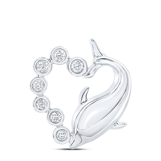 0.09 Ctw Natural Diamond Open Heart Dolphin Pendant in 10k White Gold