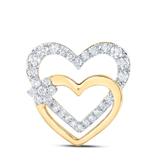 0.48 Ctw Natural Diamond Double Open Heart Flower Pendant in 10k Yellow Gold
