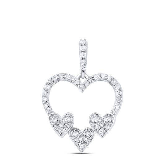 0.28 Ctw Natural Diamond Three 3 Open Heart Pendant in 10k White Gold