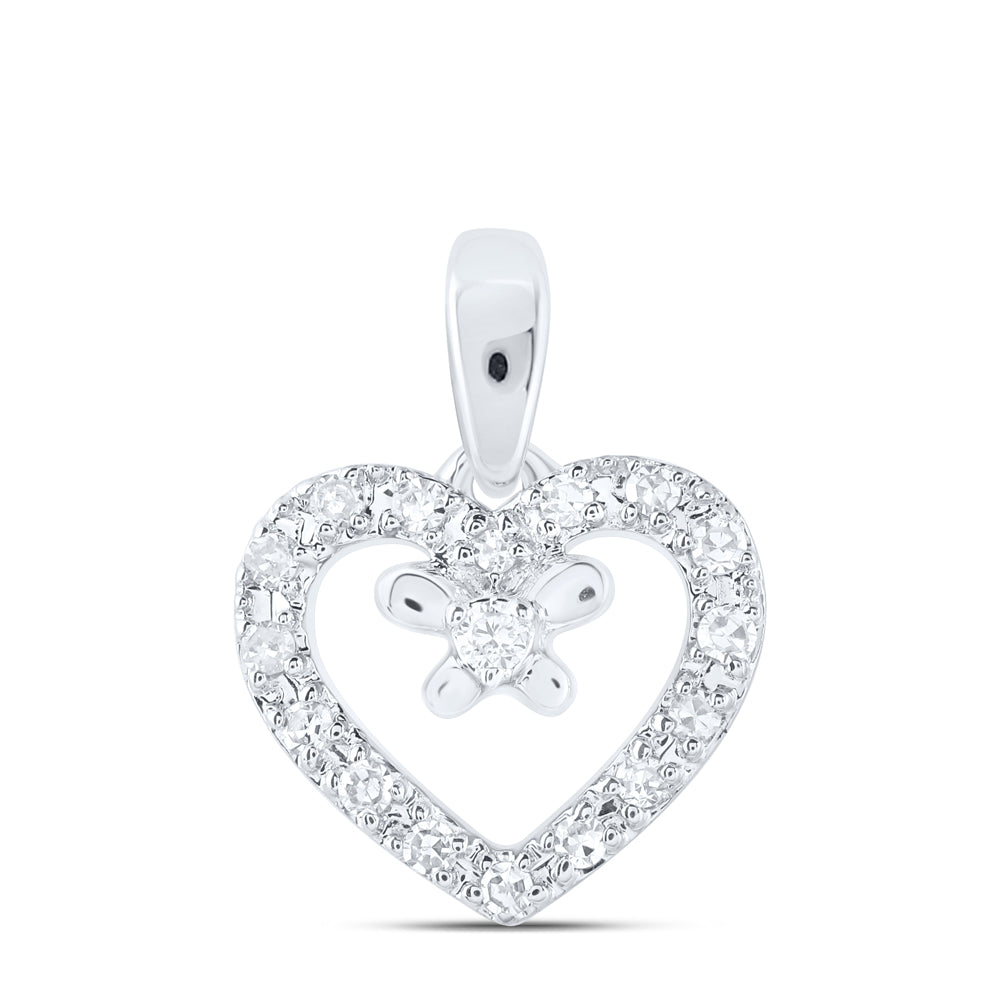 0.05 Ctw Natural Diamond Open Heart Flower Pendant in 10k White Gold