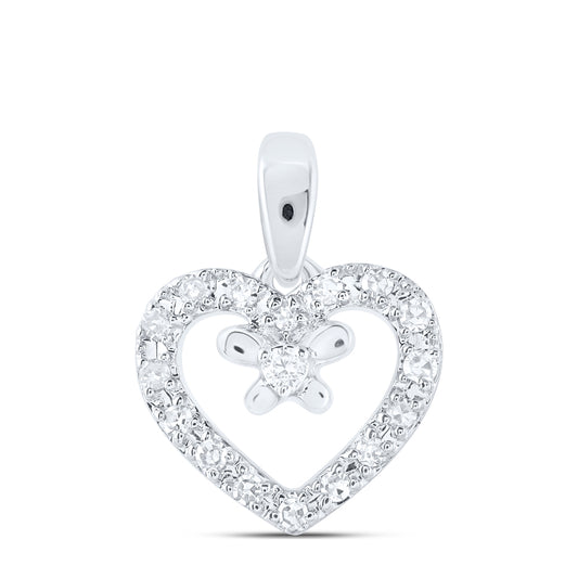 0.05 Ctw Natural Diamond Open Heart Flower Pendant in 10k White Gold