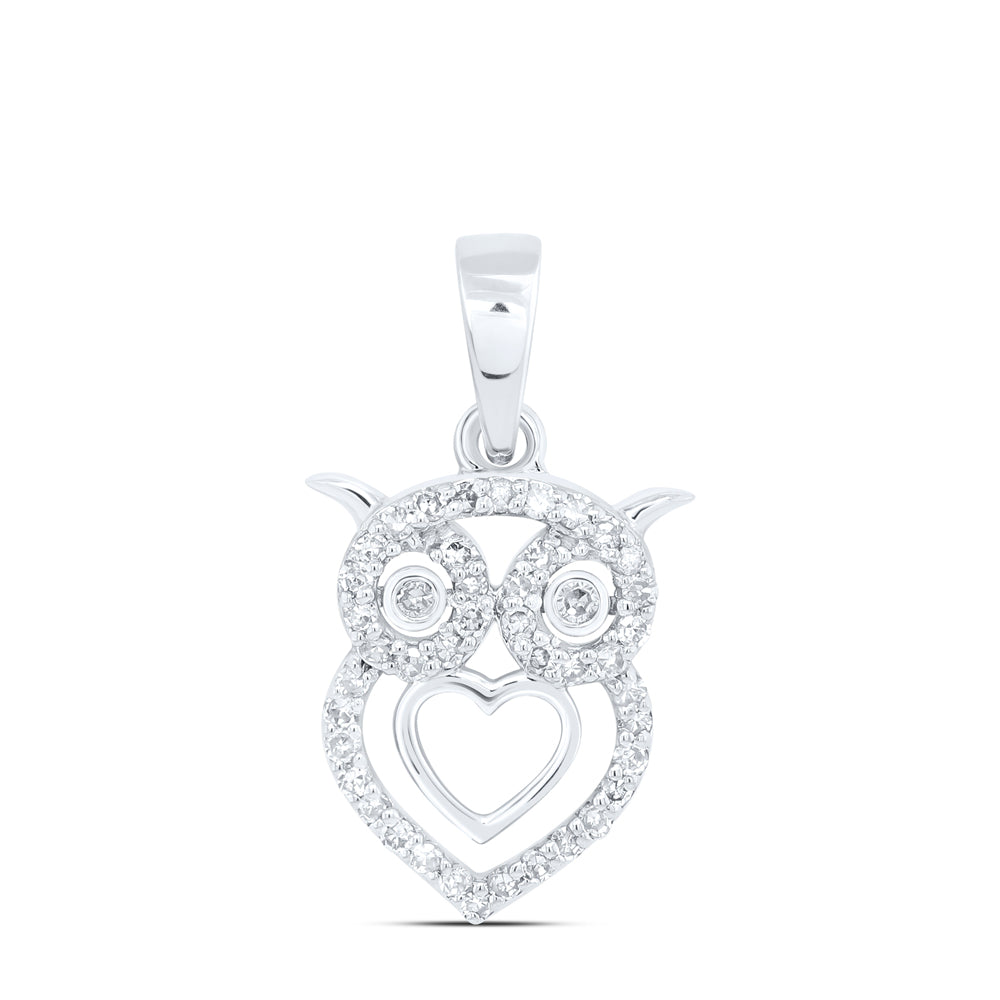 0.23 Ctw Natural Diamond Owl Heart Pendant in 10k White Gold