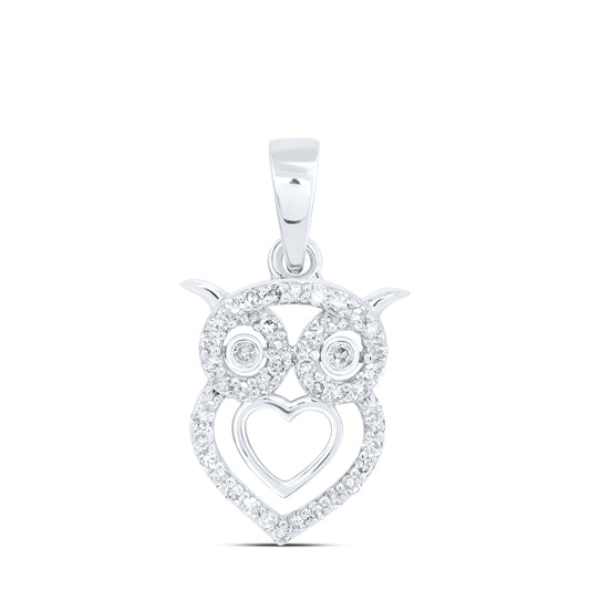 0.23 Ctw Natural Diamond Owl Heart Pendant in 10k White Gold