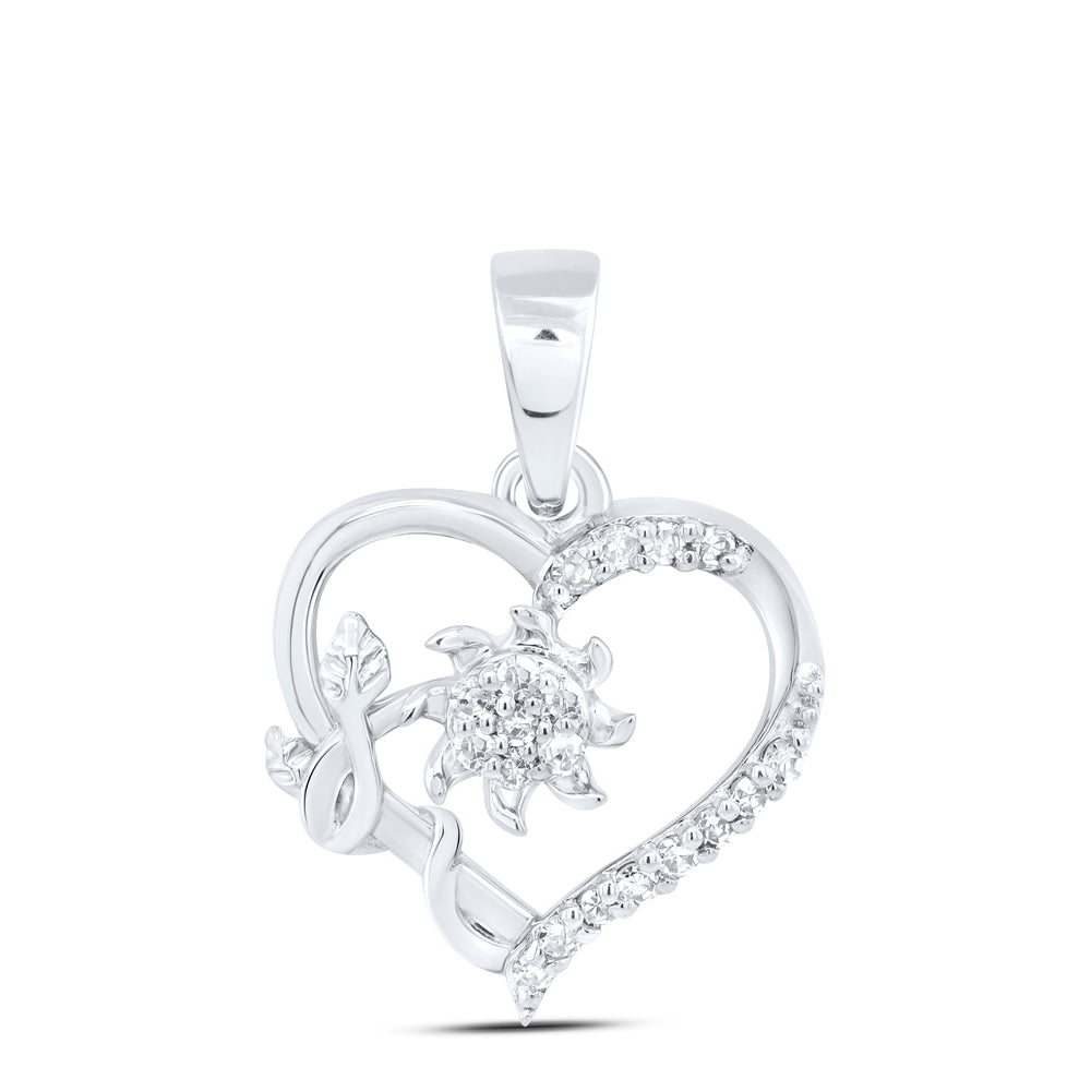 0.08 Ctw Natural Diamond Open Heart Flower Rose Pendant in 10k White Gold