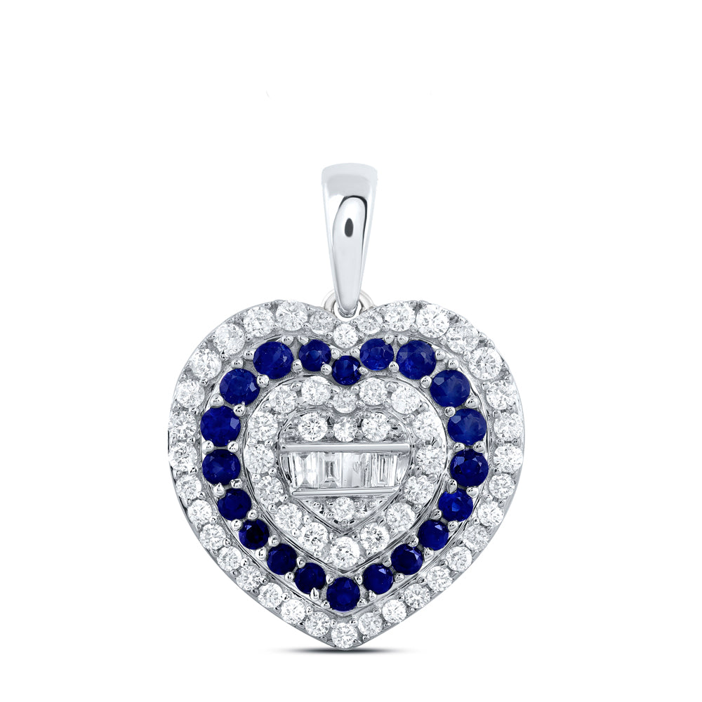 1.18 Ctw Natural Diamond Blue Sapphire Cluster Heart Pendant in 10k White Gold