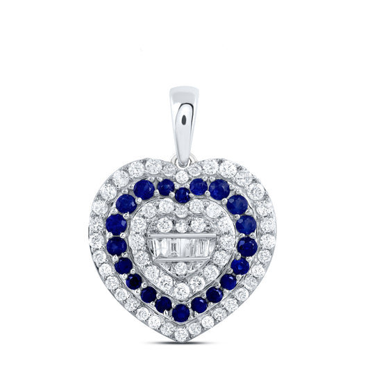 1.18 Ctw Natural Diamond Blue Sapphire Cluster Heart Pendant in 10k White Gold