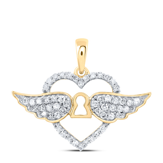 0.29 Ctw Natural Diamond Open Heart Wing Key Pendant in 10k Yellow Gold