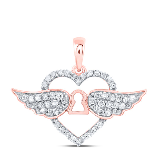 0.29 Ctw Natural Diamond Open Heart Wing Key Pendant in 10k Rose Gold