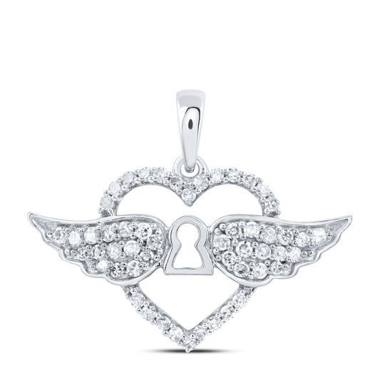 0.29 Ctw Natural Diamond Open Heart Wing Key Pendant in 10k White Gold