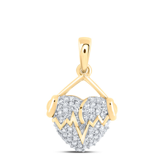 0.18 Ctw Natural Diamond Puff Heart Beat Headphone Hiphop Pendant in 10k Yellow Gold