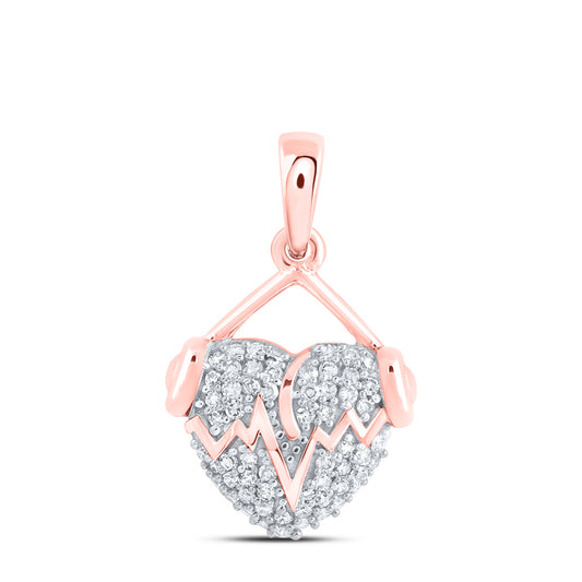 0.18 Ctw Natural Diamond Puff Heart Beat Headphone Hiphop Pendant in 10k Rose Gold