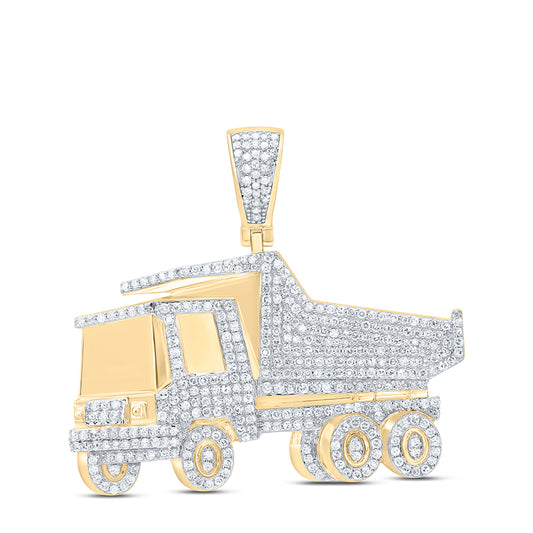1.58 Ctw Natural Diamond Dump Truck Auto Pendant in 10k Yellow Gold