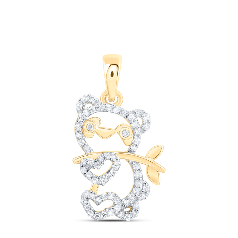 0.16 Ctw Natural Diamond Panda Bear Bamboo Pendant in 10k Yellow Gold