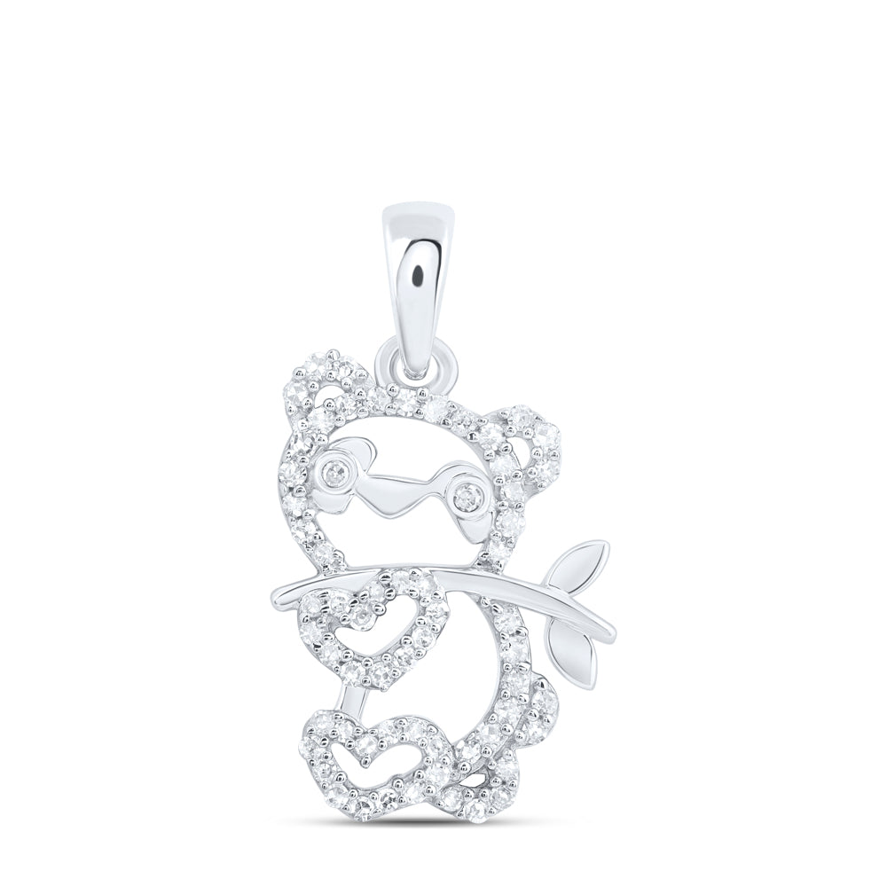 0.15 Ctw Natural Diamond Panda Bear Bamboo Pendant in 10k White Gold