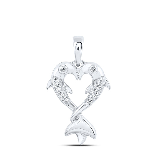 0.05 Ctw Natural Diamond Heart Dolphin Pendant in 10k White Gold