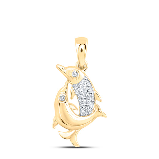 0.08 Ctw Natural Diamond Dancing Dolphin Animal Pendant in 10k Yellow Gold