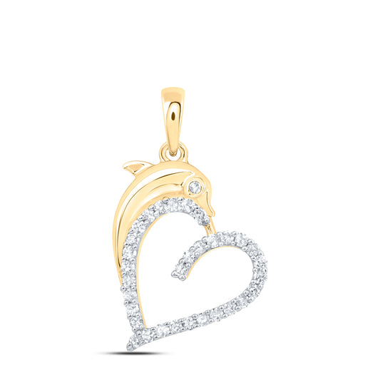 0.21 Ctw Natural Diamond Open Heart Dolphin Pendant in 10k Yellow Gold