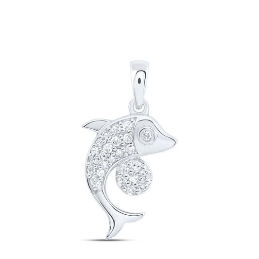 0.14 Ctw Natural Diamond Dolphin Pendant in 10k White Gold