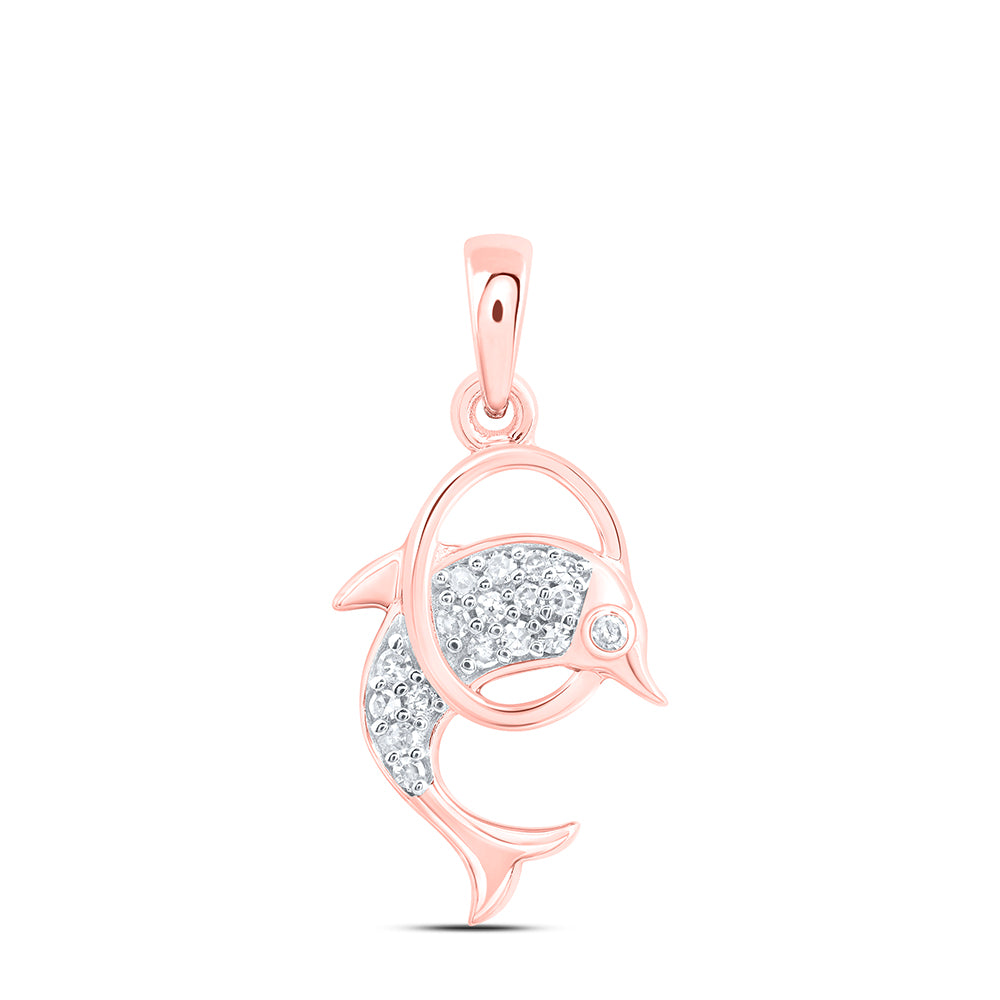 0.09 Ctw Natural Diamond Circle Dolphin Animal Pendant in 10k Rose Gold