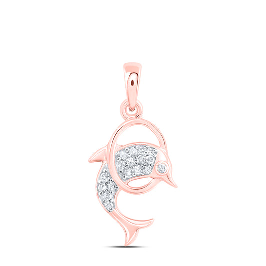 0.09 Ctw Natural Diamond Circle Dolphin Animal Pendant in 10k Rose Gold