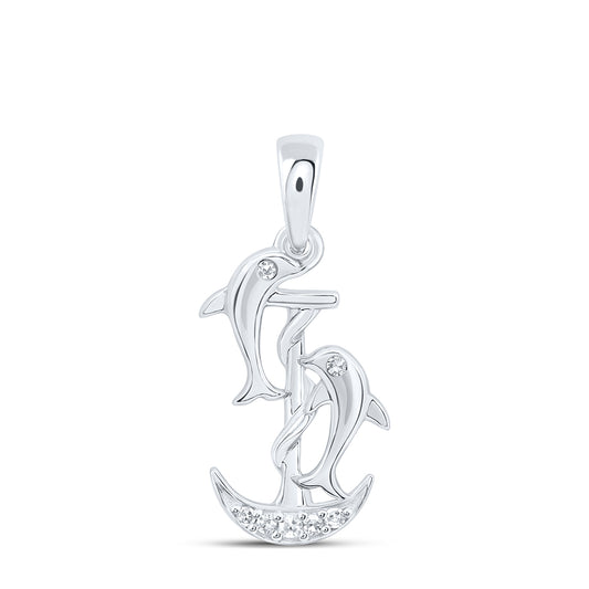 0.03 Ctw Natural Diamond Double Dolphin Anchor Pendant in 10k White Gold