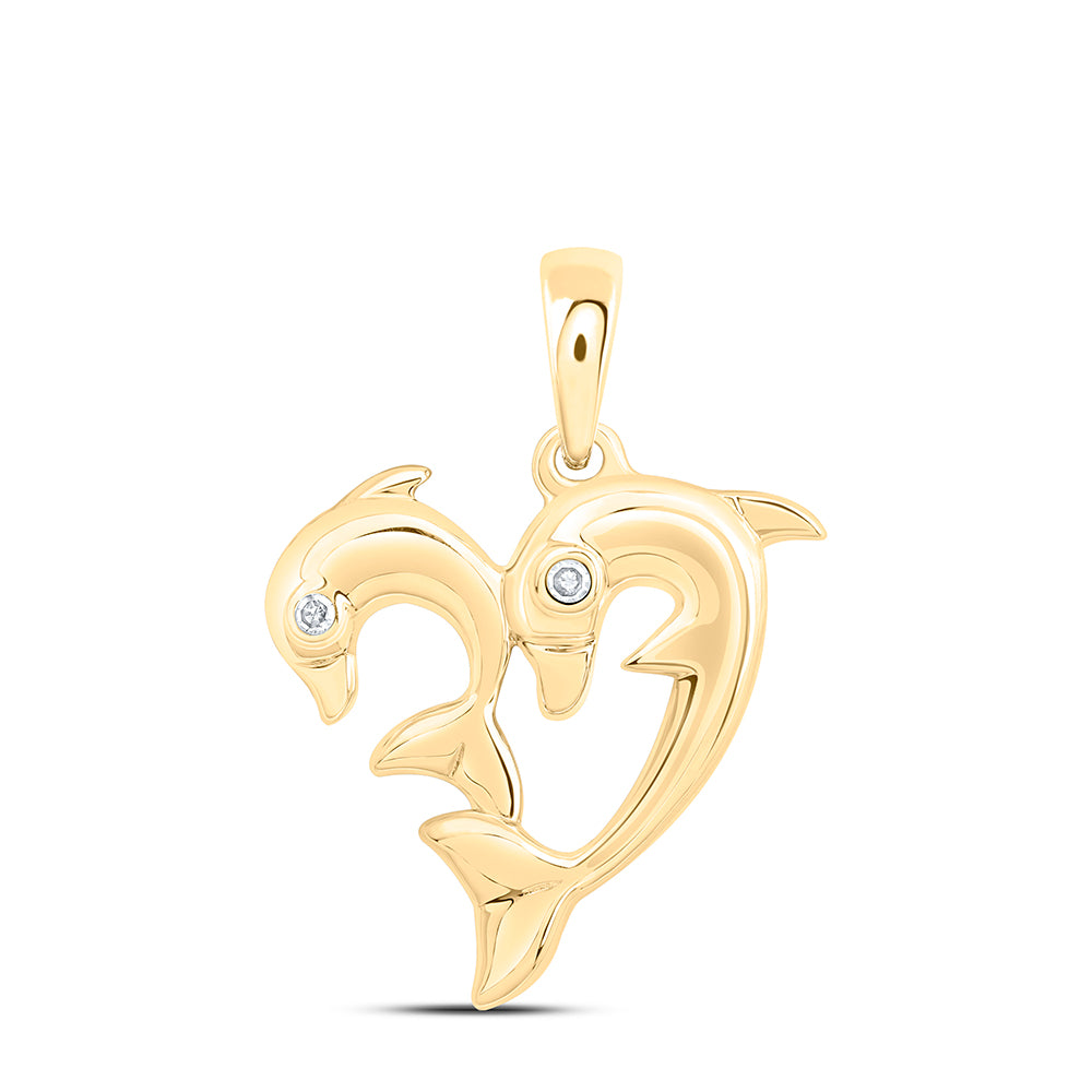 0.01 Ctw Natural Diamond 2 Two Dolpin Heart Pendant in 10k Yellow Gold