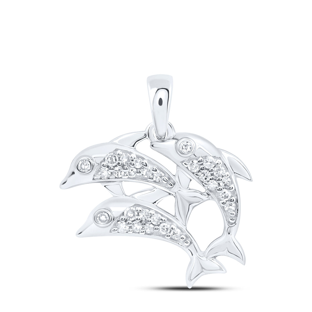 0.14 Ctw Natural Diamond 3 Three Dolphin Pendant in 10k White Gold