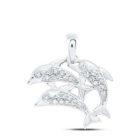 0.14 Ctw Natural Diamond 3 Three Dolphin Pendant in 10k White Gold