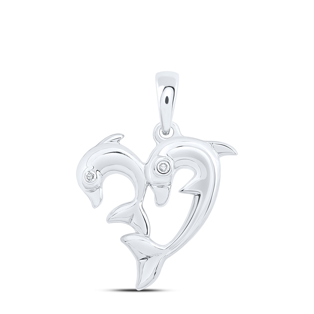 0.01 Ctw Natural Diamond 2 Two Dolpin Heart Pendant in 10k White Gold