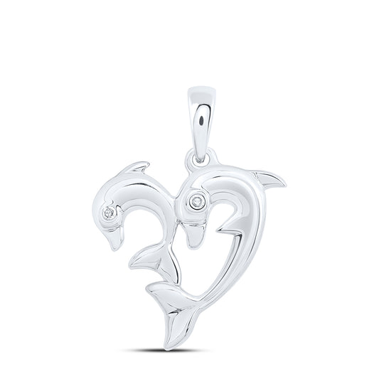 0.01 Ctw Natural Diamond 2 Two Dolpin Heart Pendant in 10k White Gold