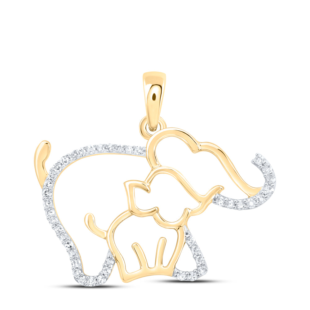 0.13 Ctw Natural Diamond Mother Child Elephant Pendant in 10k Yellow Gold