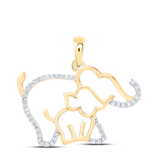 0.13 Ctw Natural Diamond Mother Child Elephant Pendant in 10k Yellow Gold